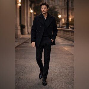 Mens Size Medium Wool Blend Black Pea Coat Business Casual Classic Smart